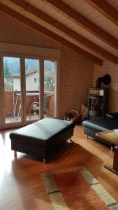 ein Wohnzimmer mit einem Bett und einem Kamin in der Unterkunft Jani's Holiday Apartment in Interlaken