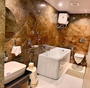 a bathroom with a sink and a tub and a toilet at Hotel MEDHA Inn in Patna