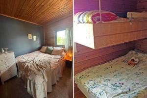 two pictures of a bedroom with a bunk bed and a bedroom with a bunk bed at STO703-Graeddoe-Maroe-77 in Gräddö