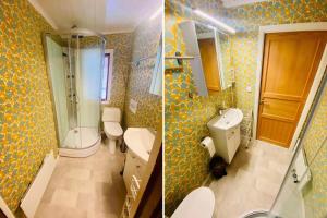 two pictures of a bathroom with a shower and a sink at VAR101-Arjaeng in Årjäng +12 photos