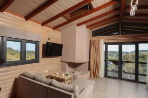 a living room with a couch and a tv at Hilltop Chalet 5 in Hanioti