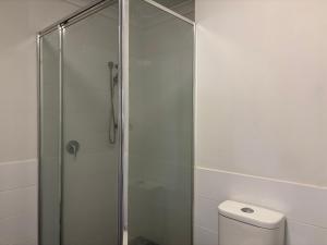 a shower with a glass door next to a toilet at Courtyard apartment in Perth +9 photos