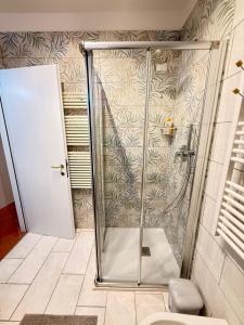 a shower with a glass door in a bathroom at Residence Virgilio in Sirmione +114 photos
