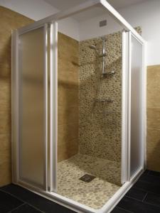 una ducha con puerta de cristal en un baño en Apartamentos La Rocanda, en Coca