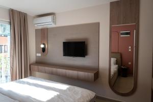 a bedroom with a mirror and a tv on the wall at Dremka Guesthouse Peshtani in Ohrid