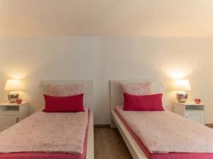 two beds in a room with red pillows at Ferienwohnung Elena in Tettnang