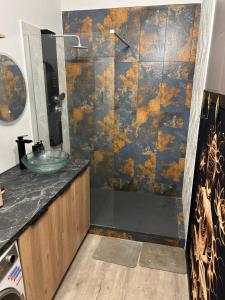 a bathroom with a glass shower with a sink at LE MERYCE appt in Saint-Denis