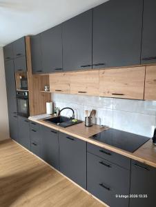 a kitchen with gray cabinets and a sink at Pokoje gościnne Cyraneczka in Lądek-Zdrój