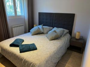 a bed with two pillows on top of it at Ou Souleou appartement 3 étoiles dans villa Spa béton jardin vue mer et colline in Bormes-les-Mimosas +16 photos