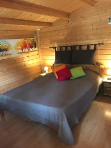 a bedroom with a large bed with two colorful pillows at Le Mas de la Pinède in Bollène