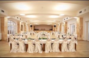 a large banquet hall with white tables and chairs at Hotel Allvet in Drnovice +58 photos