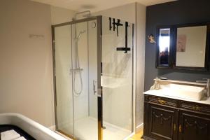 a bathroom with a glass shower with a sink at Au Petit Bercail - Le Loft - Gite pour 4 personnes in Chiny +18 photos