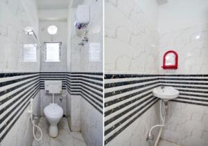 two pictures of a bathroom with a toilet and a sink at Hotel O Snenanjali in Kolkata