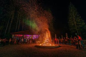 a fire pit with people standing around it at night at Lacu Roșu Escape Lodge in Lacu Rosu
