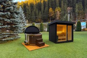 a black tiny house with a grill in the grass at Lacu Roșu Escape Lodge in Lacu Rosu
