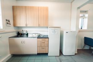 a kitchen with a sink and a refrigerator at Ljosafoss Lake Guest House in Selfoss