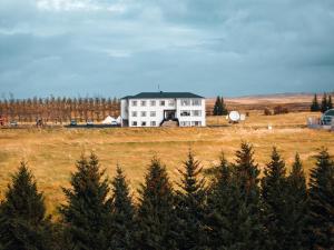 a large white house in a field with trees at Ljosafoss Lake Guest House in Selfoss +116 photos