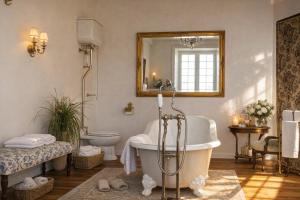 a bathroom with a tub and a toilet and a mirror at Chateau d'Isigny - Normandie - Country House in Isigny-le-Buat