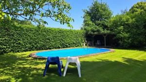 two chairs sitting in front of a swimming pool at Bed and Breakfast Lovenem - ruime studio met zwembad en sauna op de Veluwe in Leuvenheim