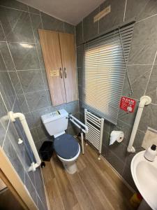 a bathroom with a toilet and a sink at Accessible and dog friendly caravan in Ingoldmells +12 photos