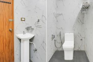 two pictures of a bathroom with a toilet and a sink at Hotel O Aqua Comforts in Yelahanka +21 photos