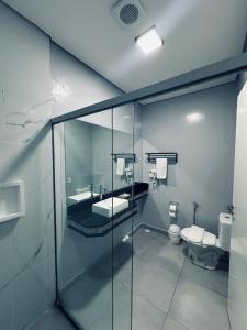 a bathroom with a toilet and a glass wall at Charles Hotel in Pôrto Ferreira +54 photos