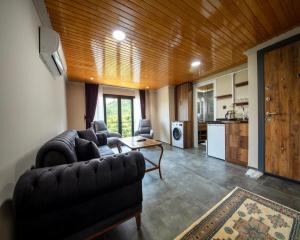 a living room with a couch and a kitchen at Royal Villa in Trabzon