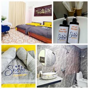 a collage of pictures of a room with a bed and a mirror at Snow Homestay in Ninh Binh