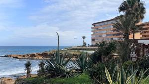 a building by the beach with palm trees and the ocean at La Perla Del Mar APARTAMENT in Torrevieja