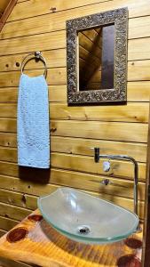 a bathroom with a sink and a mirror on a wooden wall at Chalé do Lago - Refúgio Arara Azul in Urubici +47 photos