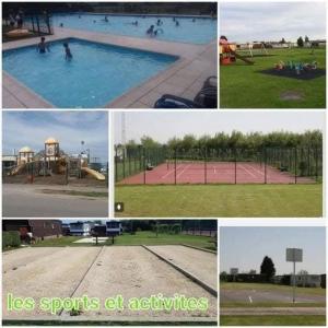 a collage of pictures of a pool with people in it at Cozy corner house, New vennepark in De Haan
