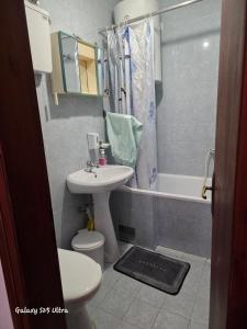 a bathroom with a sink and a toilet and a shower at Sobe IVANA in Gornja Toplica +7 photos