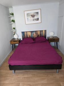 a bedroom with a large bed with purple sheets at Le petit versaillais in Versailles