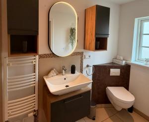 a bathroom with a sink and a toilet and a mirror at Lütte Stuv Das Alte Pastorat in Uelvesbüll