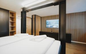 two beds in a room with a tv on the wall at Black Forest Deluxe in Hinterzarten +145 photos