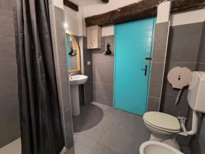 a bathroom with a toilet and a blue door at Hostel Il Nosadillo - Bologna in Bologna