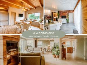 a collage of pictures of a living room and a kitchen at Schäfers - Ihr Wohlfühlort, Ferienwohnungen & Ferienhaus am Naturteich an 2 Seen bei Leipzig in Großpösna