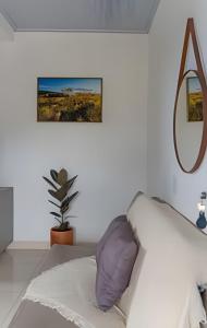 a bedroom with a purple pillow and a mirror at Recanto Sol da Chapada | Aptos no Centro com Garagem e Café da Manhã in Alto Paraíso de Goiás