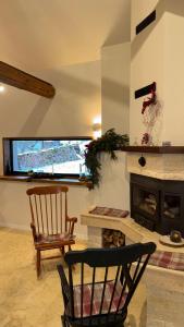 a living room with a chair and a fireplace at Festung 57 in Bran
