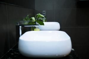 a white toilet in a bathroom with a plant on top at Mia Hotel Cửa Lò in Vinh