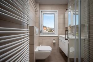 a bathroom with a toilet and a window at Jacuzzi, BBQ & EV plug - 5BR Villa Villi with Garden in Limbuš +39 photos