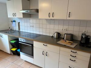 a kitchen with white cabinets and a stove top oven at Steinlachquartier in Dußlingen +12 photos