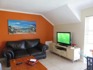 a living room with a leather couch and a television at Milas Place in Somerset West