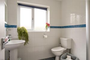 a bathroom with a toilet and a sink and a window at Beachcomber in Croyde +33 photos