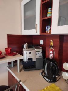 a kitchen with a counter with a coffee maker on it at Апартамент за гости Манчев in Stoykite +3 photos