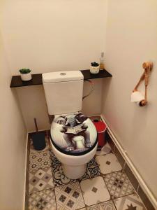 a bathroom with a toilet with a decorated seat at Appartement à Limoges, proche CHU in Limoges +4 photos