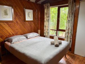a bedroom with a bed with a teddy bear on it at Cabañas y Domos Calafquen in Coñaripe