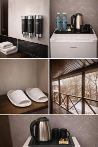 a collage of four pictures of a kitchen with a stove at Panorama H2O Self Check-in Pool in Korosten