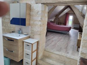 a bathroom with a sink and a bed in a room at Mon Cabanon in Tonnerre