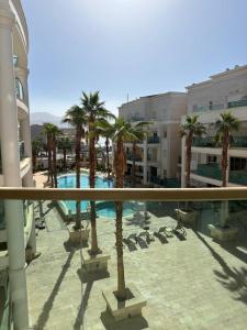 a balcony with palm trees and a swimming pool at Orins place eilat in Eilat +6 photos